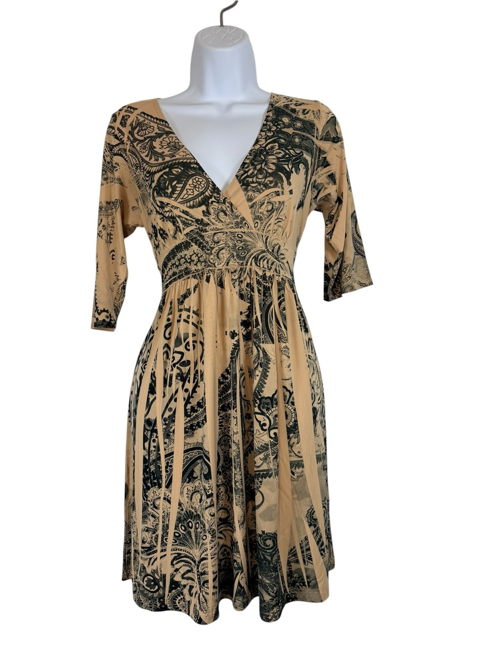 Body Central Beige Black Paisley Faux Wrap Midi Dress Size Large Boho